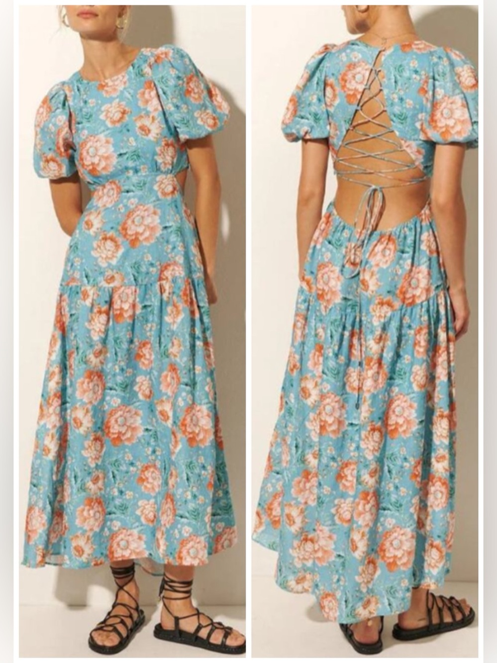 NWT Kivari Josette Floral Linen Lace Up Back Midi Dress Blue Sz XS